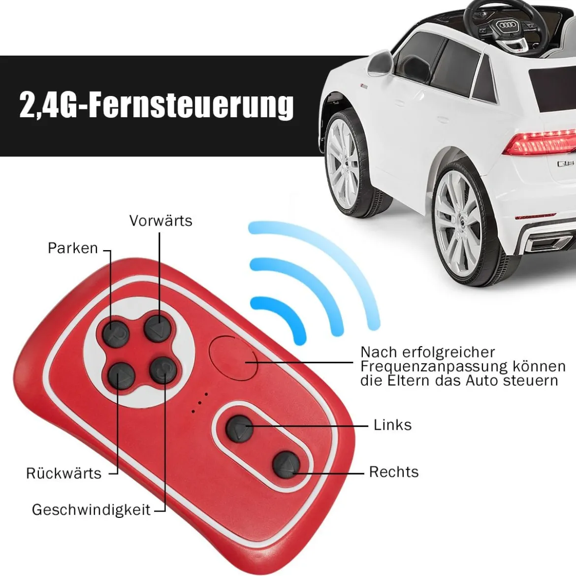 Kinderauto 12 V 3 Gang Elektroauto mit 2,4G-Fernbedienung mit Hupe LED Weiß