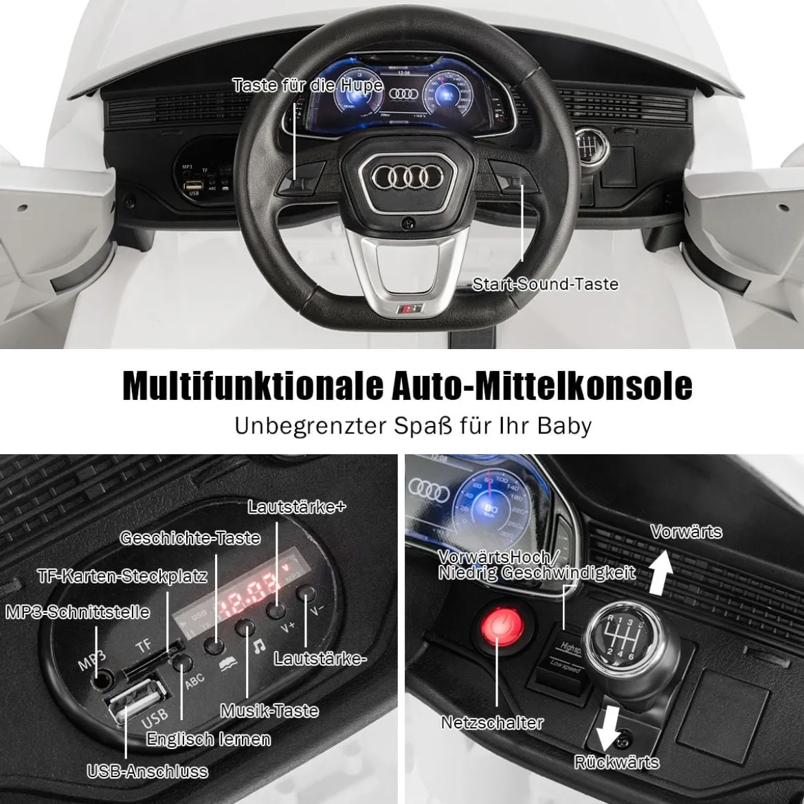 Kinderauto 12 V 3 Gang Elektroauto mit 2,4G-Fernbedienung mit Hupe LED Weiß