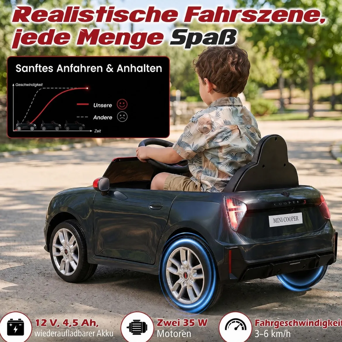 Kinderauto 12 V im BMW Mini Design Elektroauto für Kinder mit Fernbedienung LED & Soft-Start Schwarz