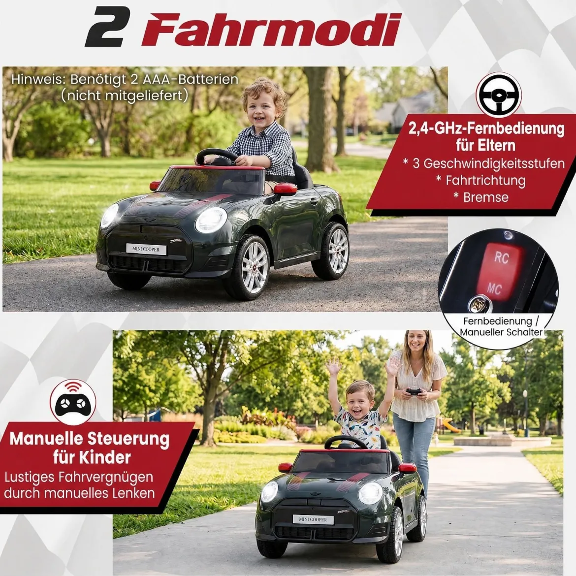 Kinderauto 12 V im BMW Mini Design Elektroauto für Kinder mit Fernbedienung LED & Soft-Start Schwarz