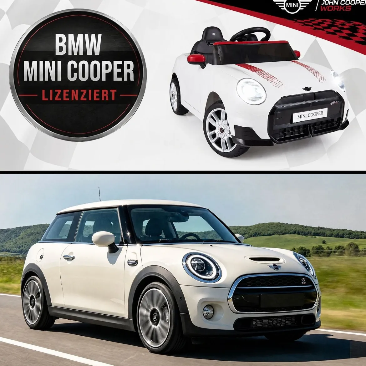 Kinderauto 12 V im BMW Mini Design Elektroauto für Kinder mit Fernbedienung LED & Soft-Start Weiß