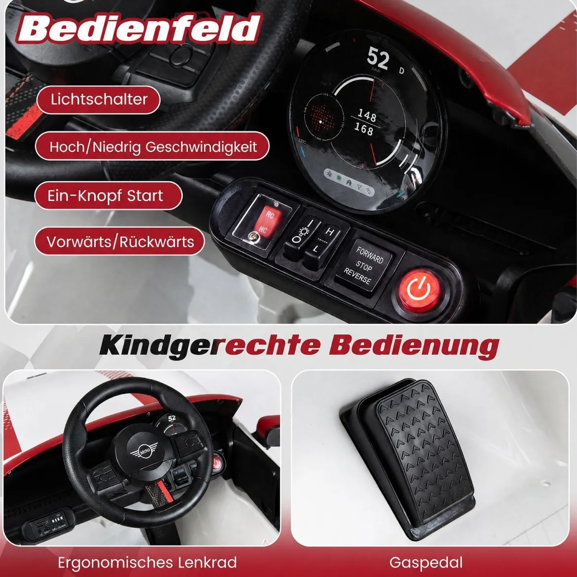 Kinderauto 12 V im BMW Mini Design Elektroauto für Kinder mit Fernbedienung LED & Soft-Start Weiß