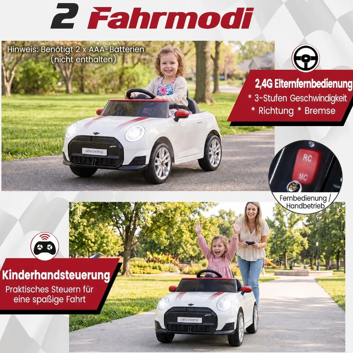 Kinderauto 12 V im BMW Mini Design Elektroauto für Kinder mit Fernbedienung LED & Soft-Start Weiß
