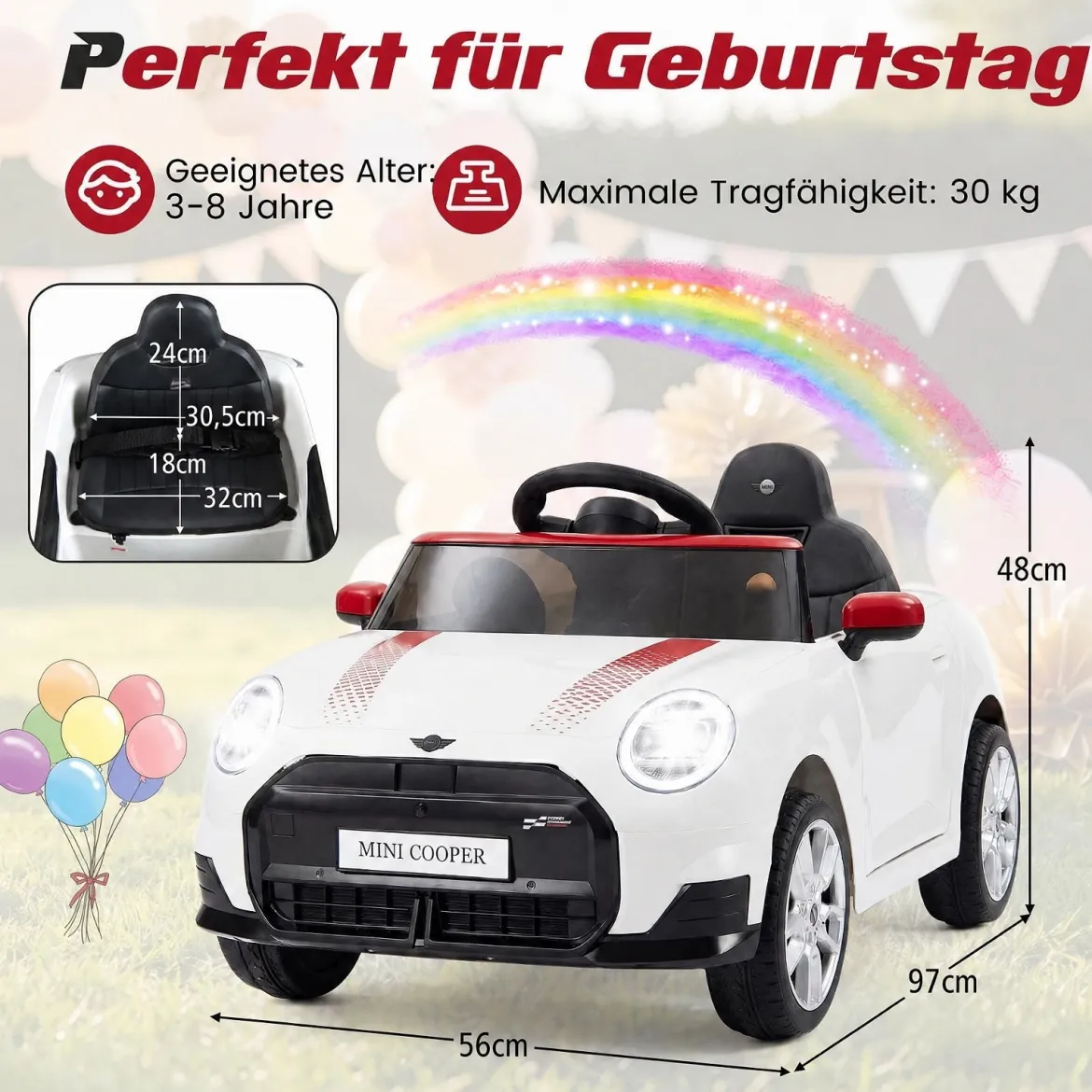 Kinderauto 12 V im BMW Mini Design Elektroauto für Kinder mit Fernbedienung LED & Soft-Start Weiß