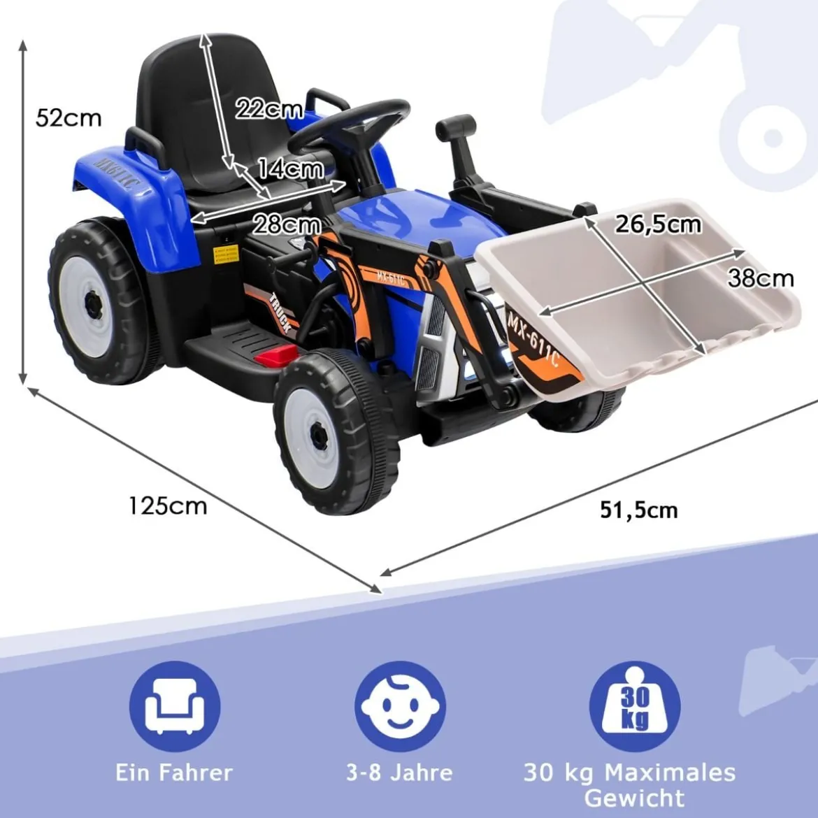 Kinder-Baggerfahrgerät Elektrisches Baufahrzeug mit verstellbarer Schaufel 125 x 51,5 x 52 cm Blau + Schwarz