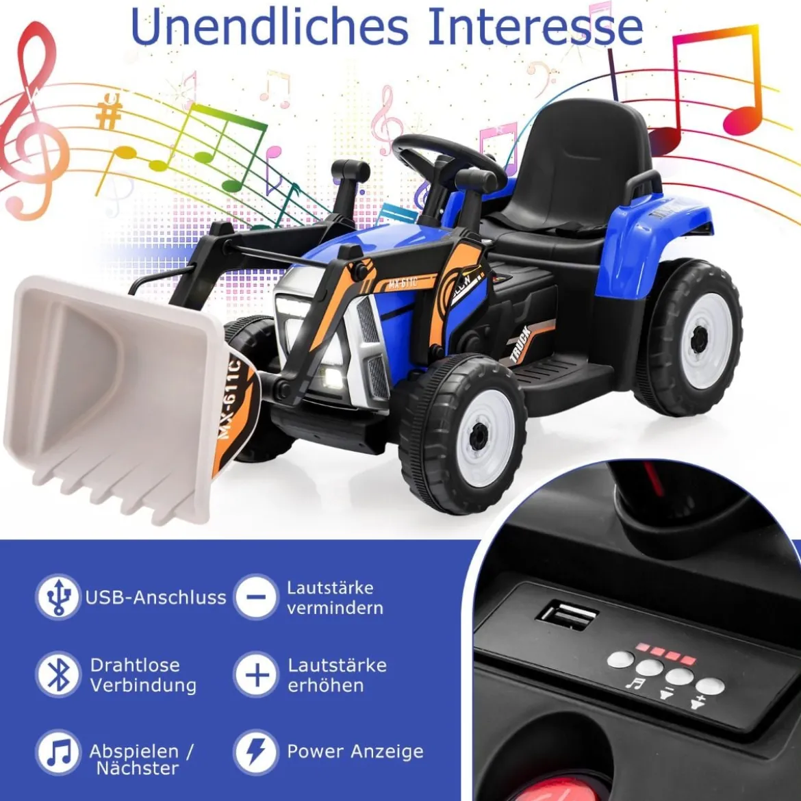 Kinder-Baggerfahrgerät Elektrisches Baufahrzeug mit verstellbarer Schaufel 125 x 51,5 x 52 cm Blau + Schwarz