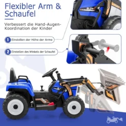 Kinder-Baggerfahrgerät Elektrisches Baufahrzeug mit verstellbarer Schaufel 125 x 51,5 x 52 cm Blau + Schwarz