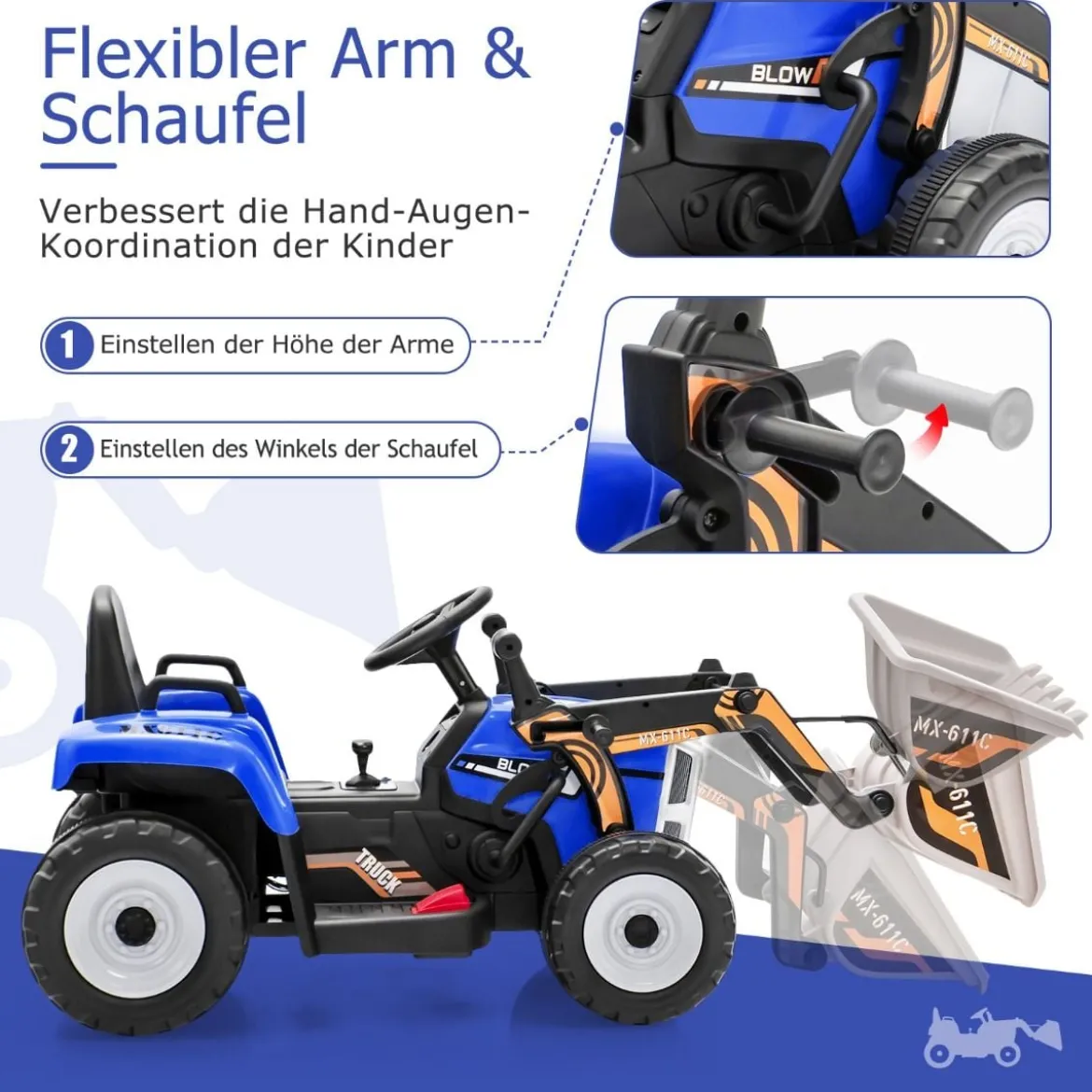 Kinder-Baggerfahrgerät Elektrisches Baufahrzeug mit verstellbarer Schaufel 125 x 51,5 x 52 cm Blau + Schwarz