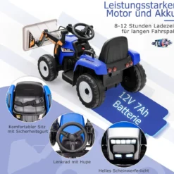 Kinder-Baggerfahrgerät Elektrisches Baufahrzeug mit verstellbarer Schaufel 125 x 51,5 x 52 cm Blau + Schwarz