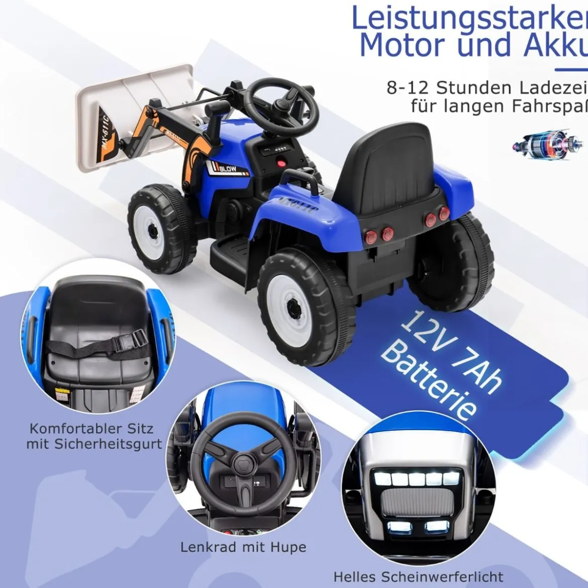 Kinder-Baggerfahrgerät Elektrisches Baufahrzeug mit verstellbarer Schaufel 125 x 51,5 x 52 cm Blau + Schwarz