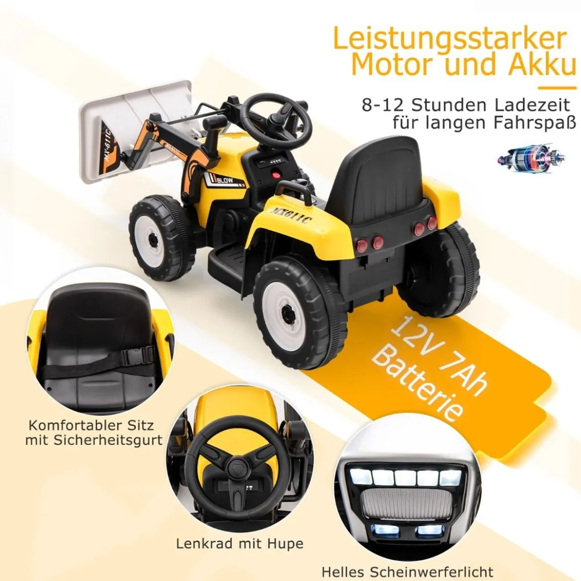 Kinder-Baggerfahrgerät mit 2,4-G-Fernbedienung Elektrisches Baufahrzeug 125 x 51,5 x 52 cm Gelb + Schwarz