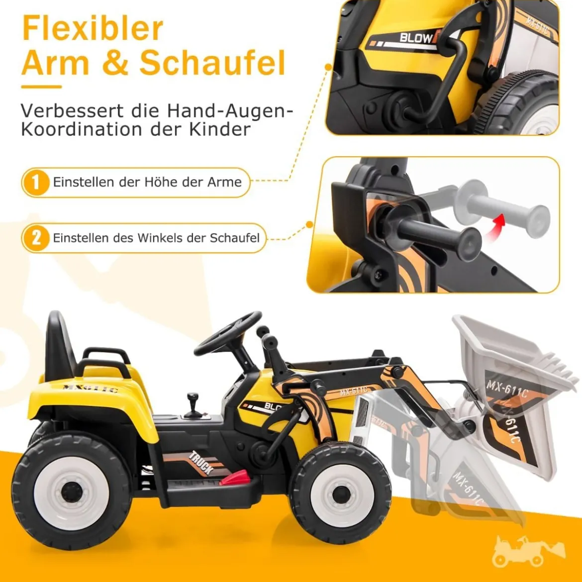 Kinder-Baggerfahrgerät mit 2,4-G-Fernbedienung Elektrisches Baufahrzeug 125 x 51,5 x 52 cm Gelb + Schwarz