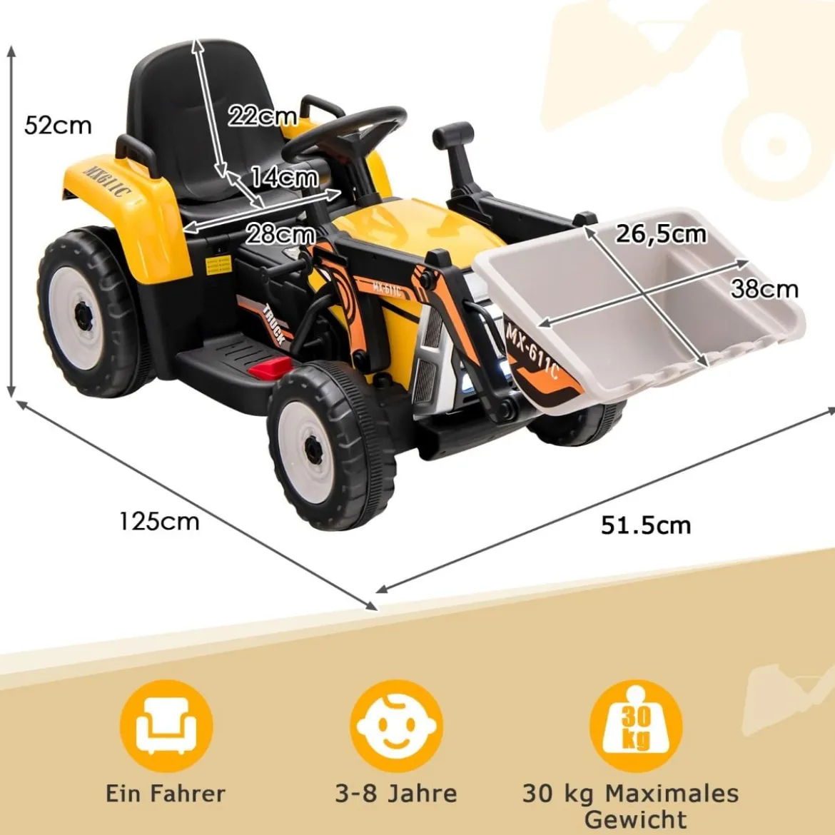 Kinder-Baggerfahrgerät mit 2,4-G-Fernbedienung Elektrisches Baufahrzeug 125 x 51,5 x 52 cm Gelb + Schwarz