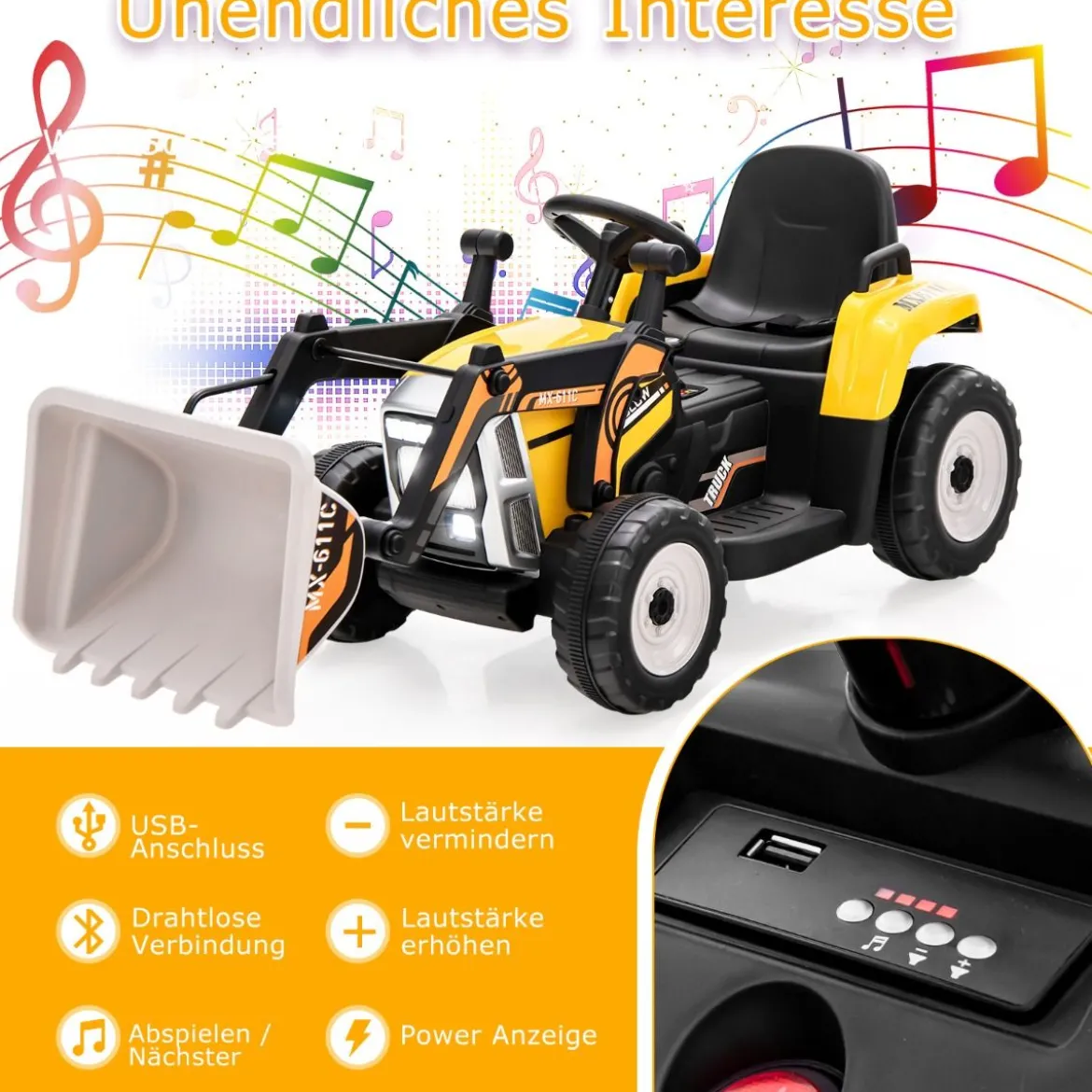 Kinder-Baggerfahrgerät mit 2,4-G-Fernbedienung Elektrisches Baufahrzeug 125 x 51,5 x 52 cm Gelb + Schwarz