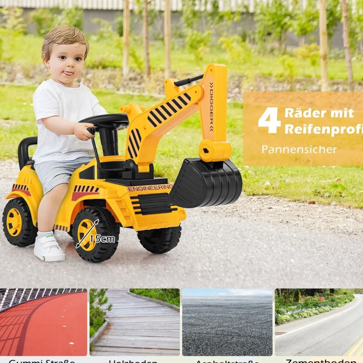 Kinderbagger mit Verstellbarer Schaufel & Stauraum unter Sitz Sitzbagger mit Kippschutz