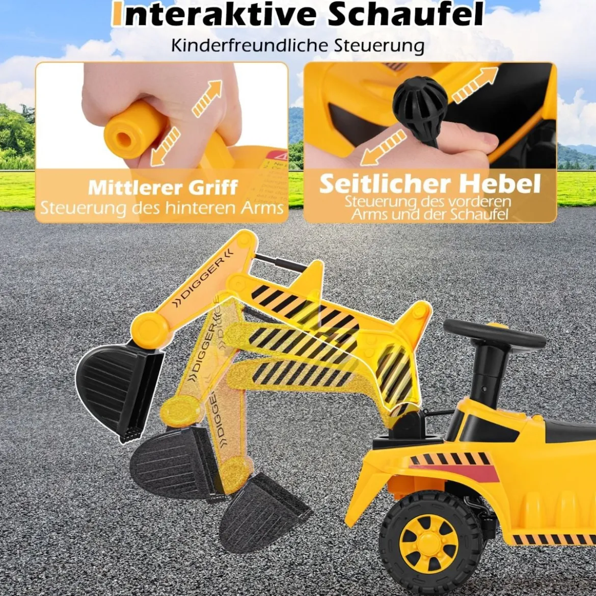 Kinderbagger mit Verstellbarer Schaufel & Stauraum unter Sitz Sitzbagger mit Kippschutz