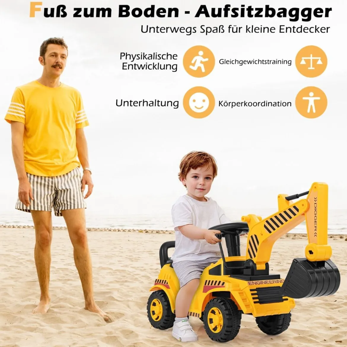 Kinderbagger mit Verstellbarer Schaufel & Stauraum unter Sitz Sitzbagger mit Kippschutz