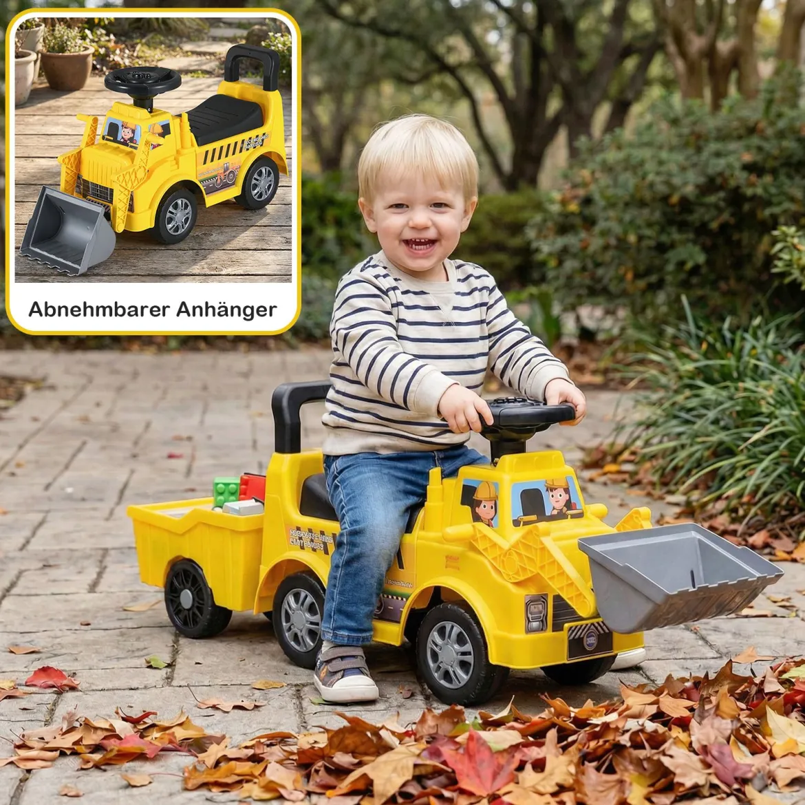 Kinderbagger zum Draufsitzen Kinderfahrzeug mit Schaufel abnehmbarem Anhänger Gelb