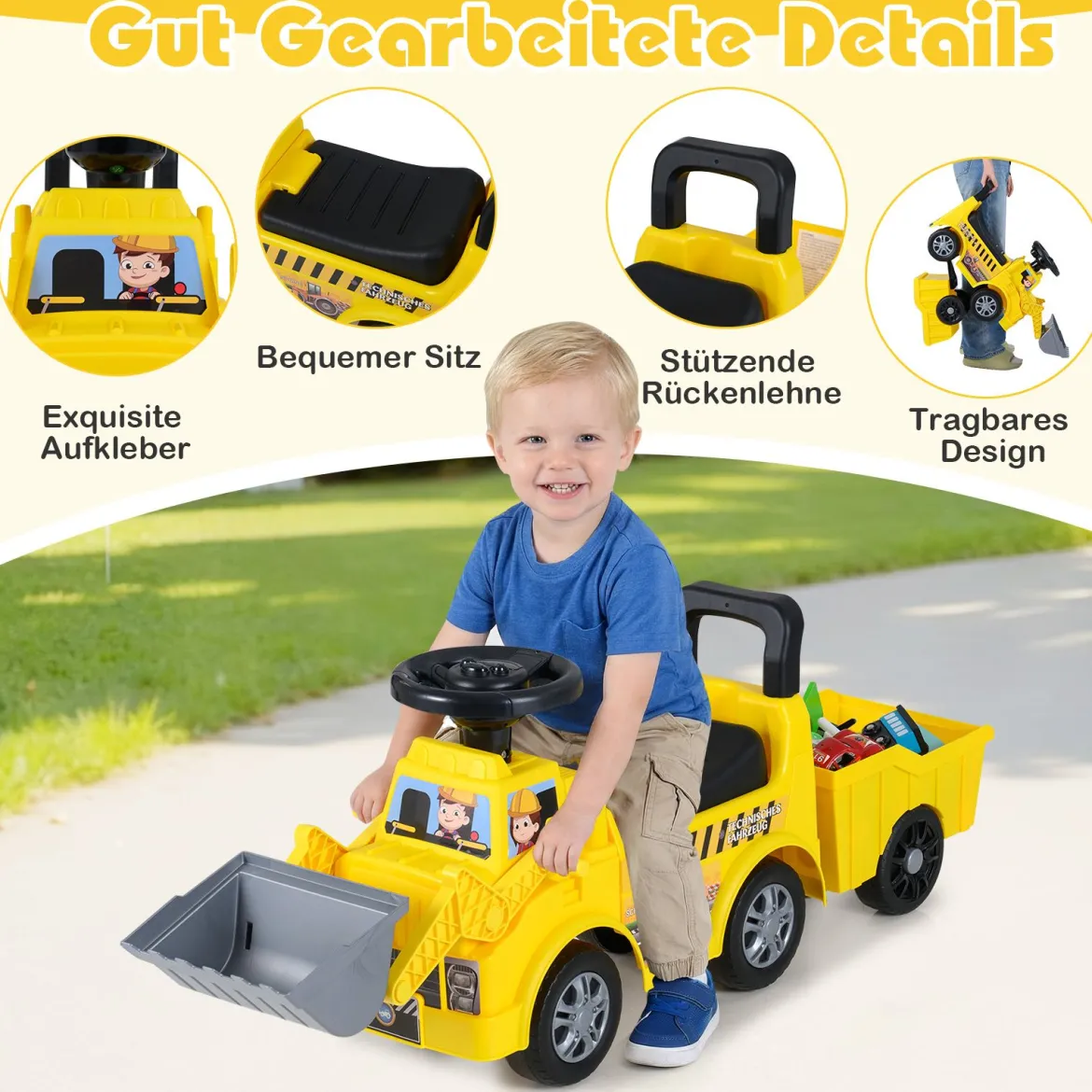 Kinderbagger zum Draufsitzen Kinderfahrzeug mit Schaufel abnehmbarem Anhänger Gelb