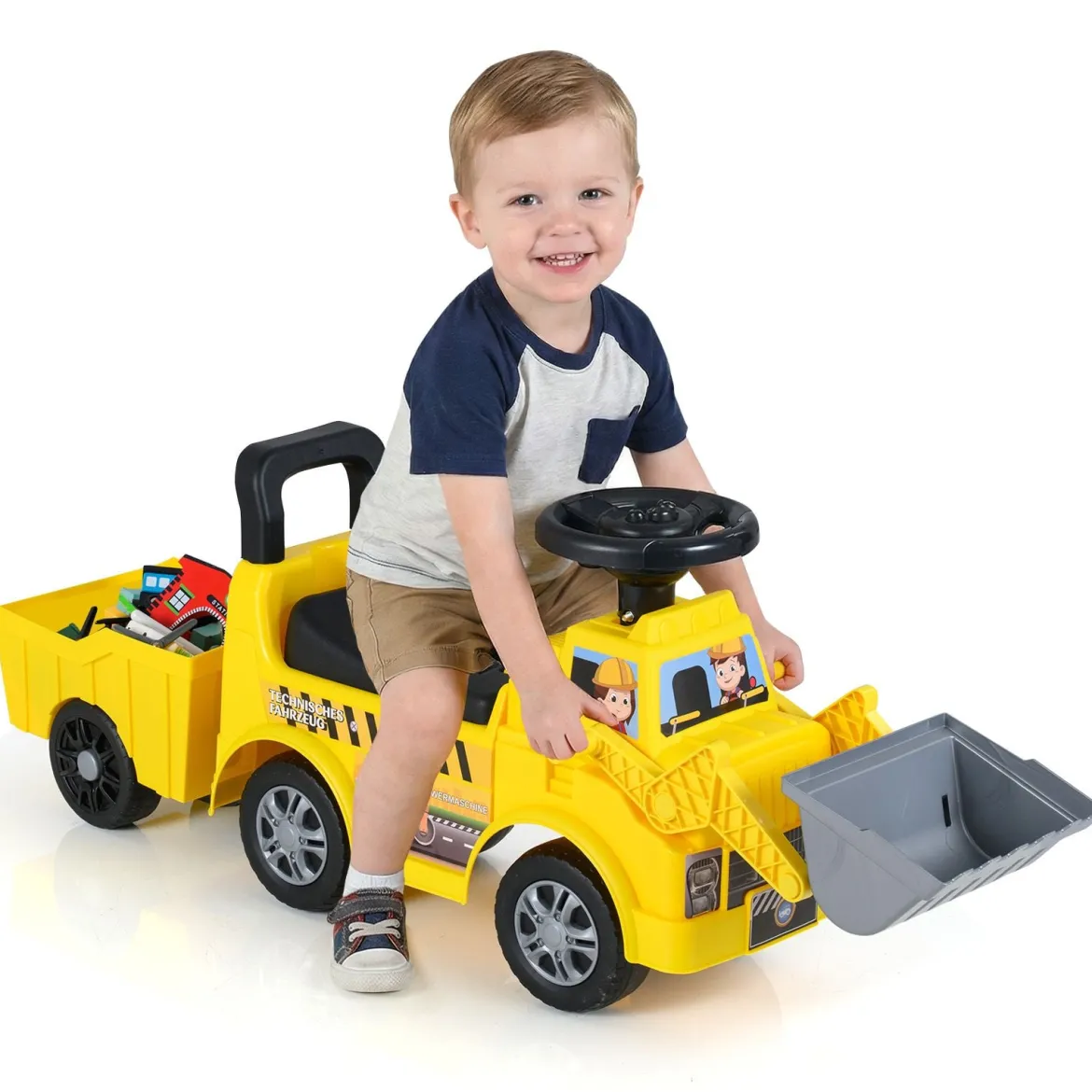 Kinderbagger zum Draufsitzen Kinderfahrzeug mit Schaufel abnehmbarem Anhänger Gelb