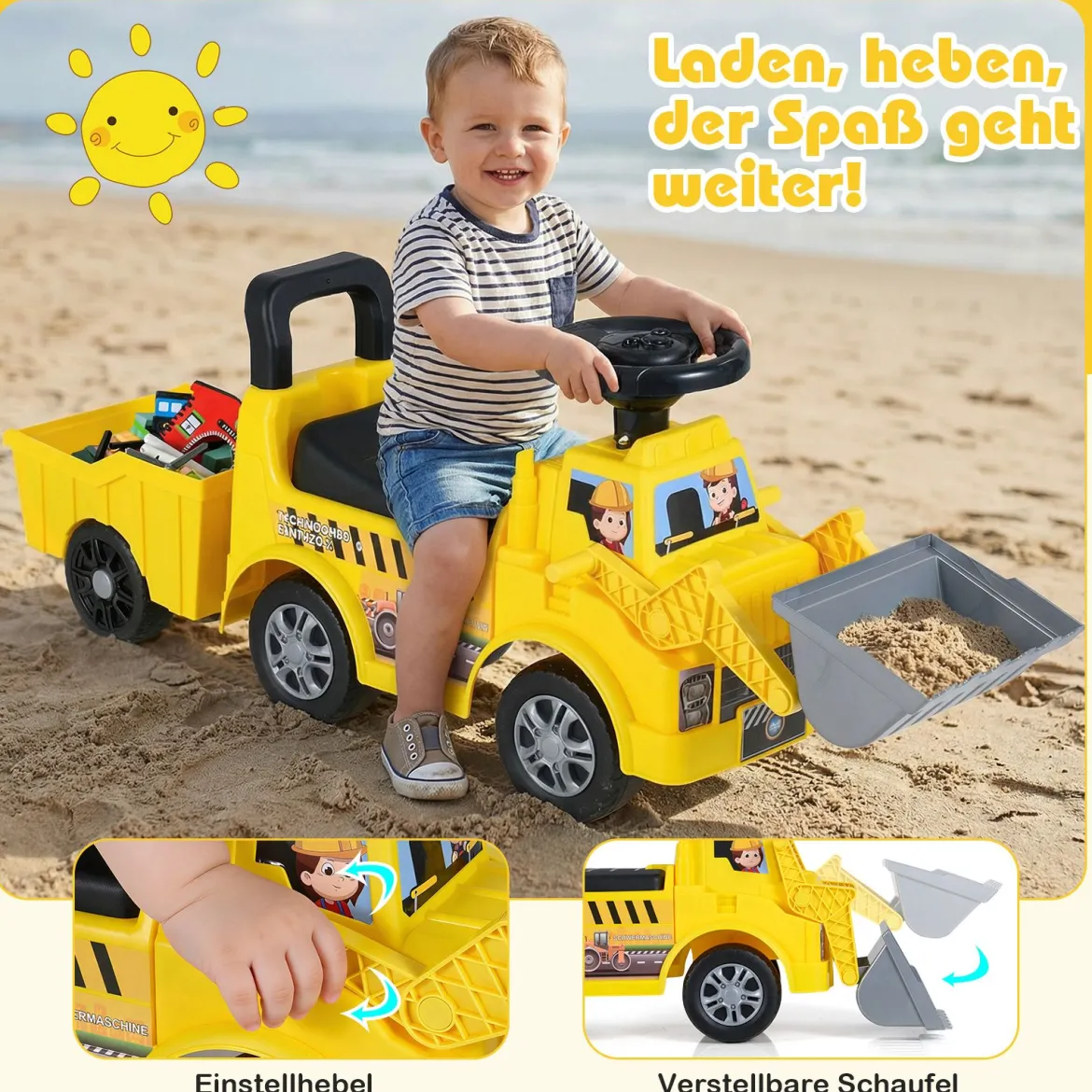 Kinderbagger zum Draufsitzen Kinderfahrzeug mit Schaufel abnehmbarem Anhänger Gelb