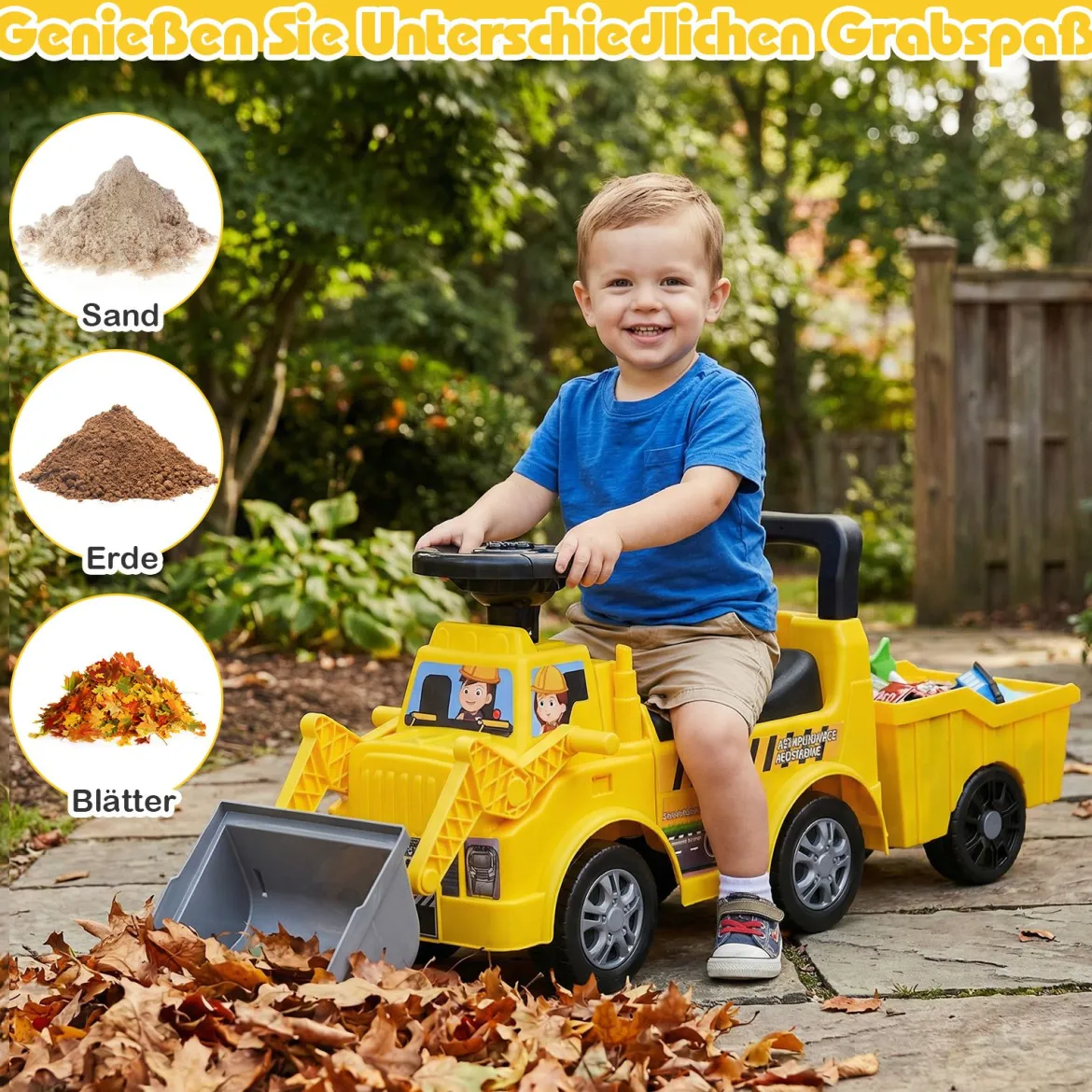 Kinderbagger zum Draufsitzen Kinderfahrzeug mit Schaufel abnehmbarem Anhänger Gelb