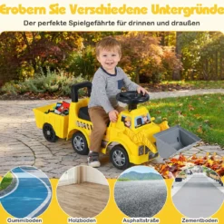 Kinderbagger zum Draufsitzen Kinderfahrzeug mit Schaufel abnehmbarem Anhänger Gelb