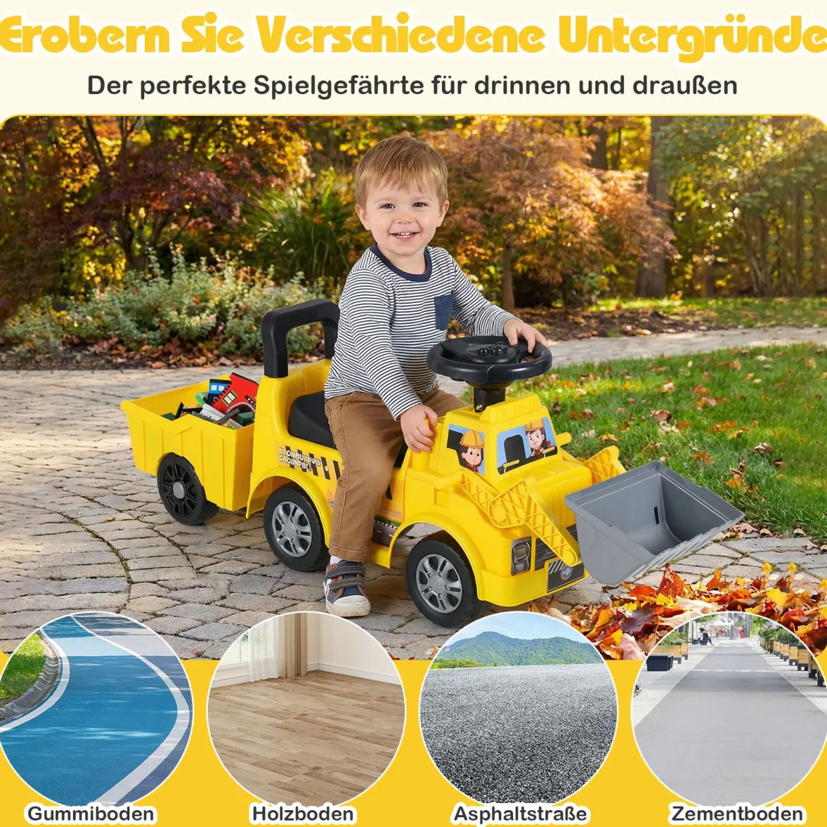 Kinderbagger zum Draufsitzen Kinderfahrzeug mit Schaufel abnehmbarem Anhänger Gelb