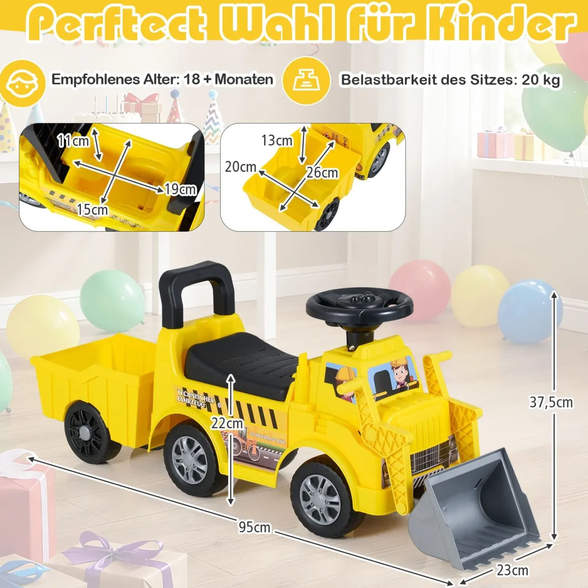 Kinderbagger zum Draufsitzen Kinderfahrzeug mit Schaufel abnehmbarem Anhänger Gelb