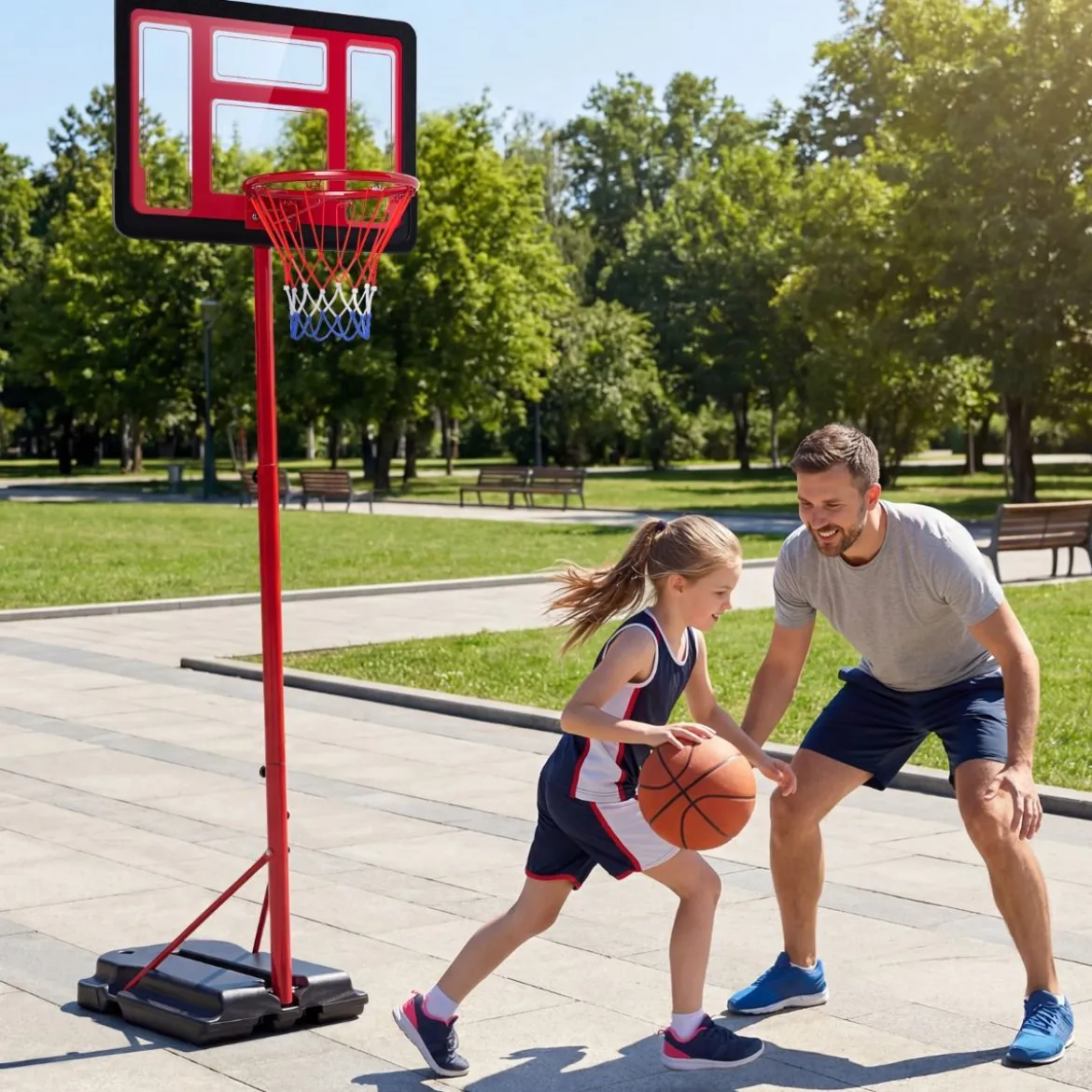 Kinder Basketballkorb 95-155 cm höhenverstellbares Basketballständer mit befüllbarem Sockel Rot