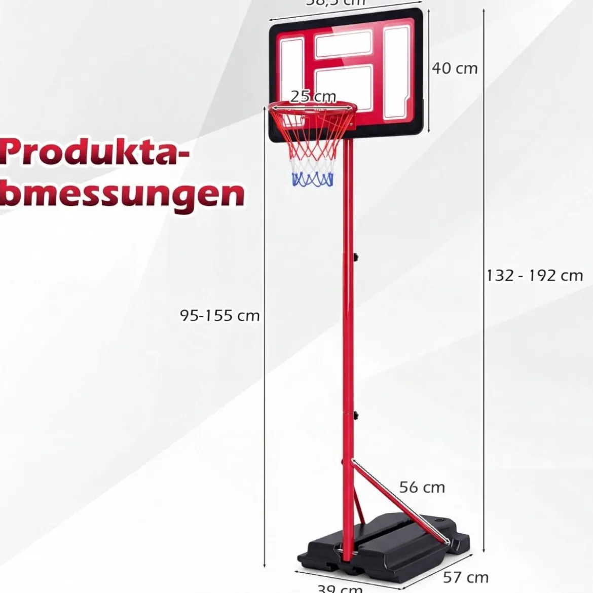 Kinder Basketballkorb 95-155 cm höhenverstellbares Basketballständer mit befüllbarem Sockel Rot