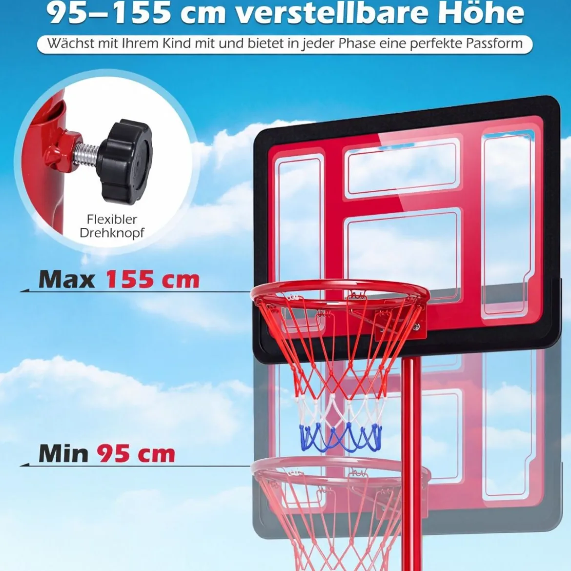 Kinder Basketballkorb 95-155 cm höhenverstellbares Basketballständer mit befüllbarem Sockel Rot
