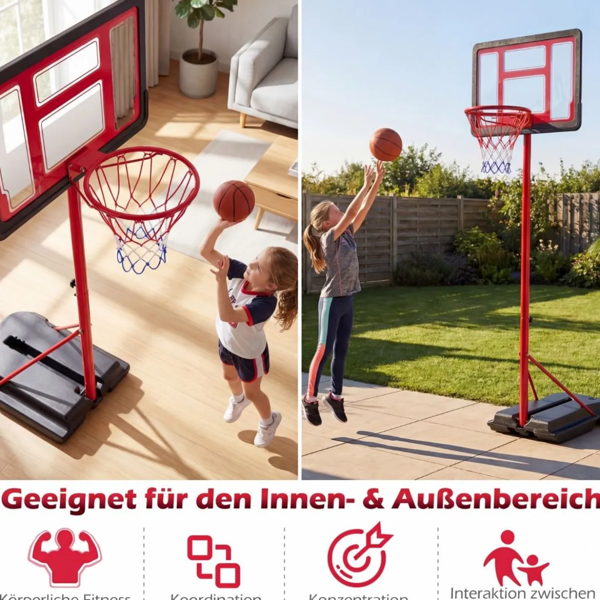 Kinder Basketballkorb 95-155 cm höhenverstellbares Basketballständer mit befüllbarem Sockel Rot