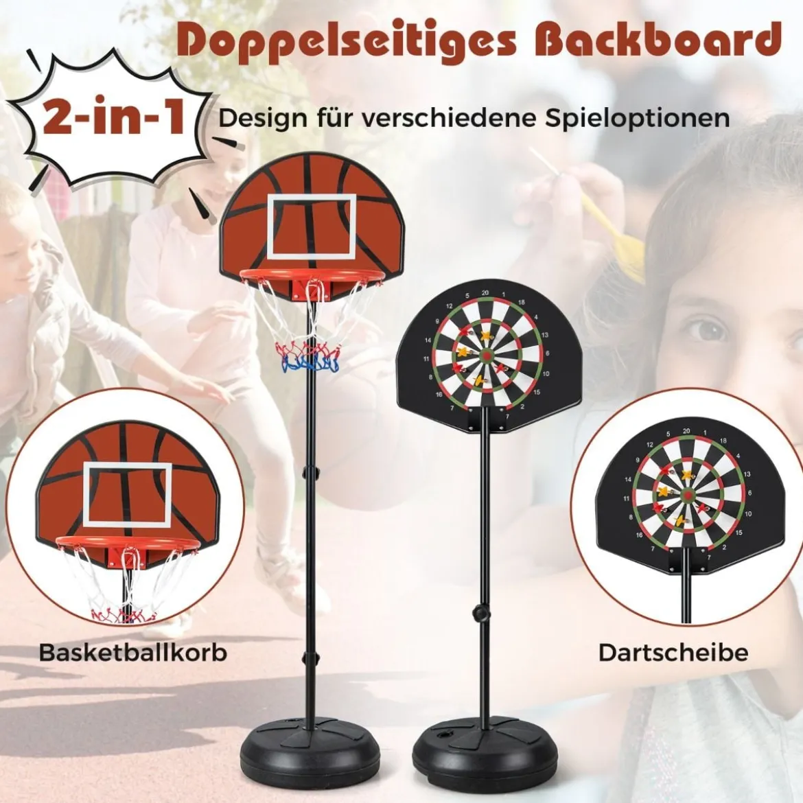 Kinder Basketballkorb mit Dartboard & 6 Darts Basketballständer Schwarz