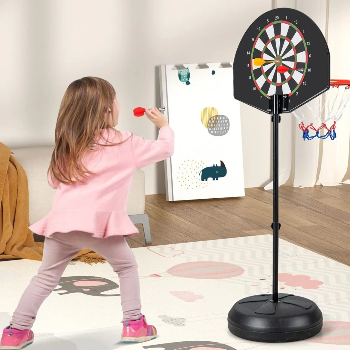Kinder Basketballkorb mit Dartboard & 6 Darts Basketballständer Schwarz