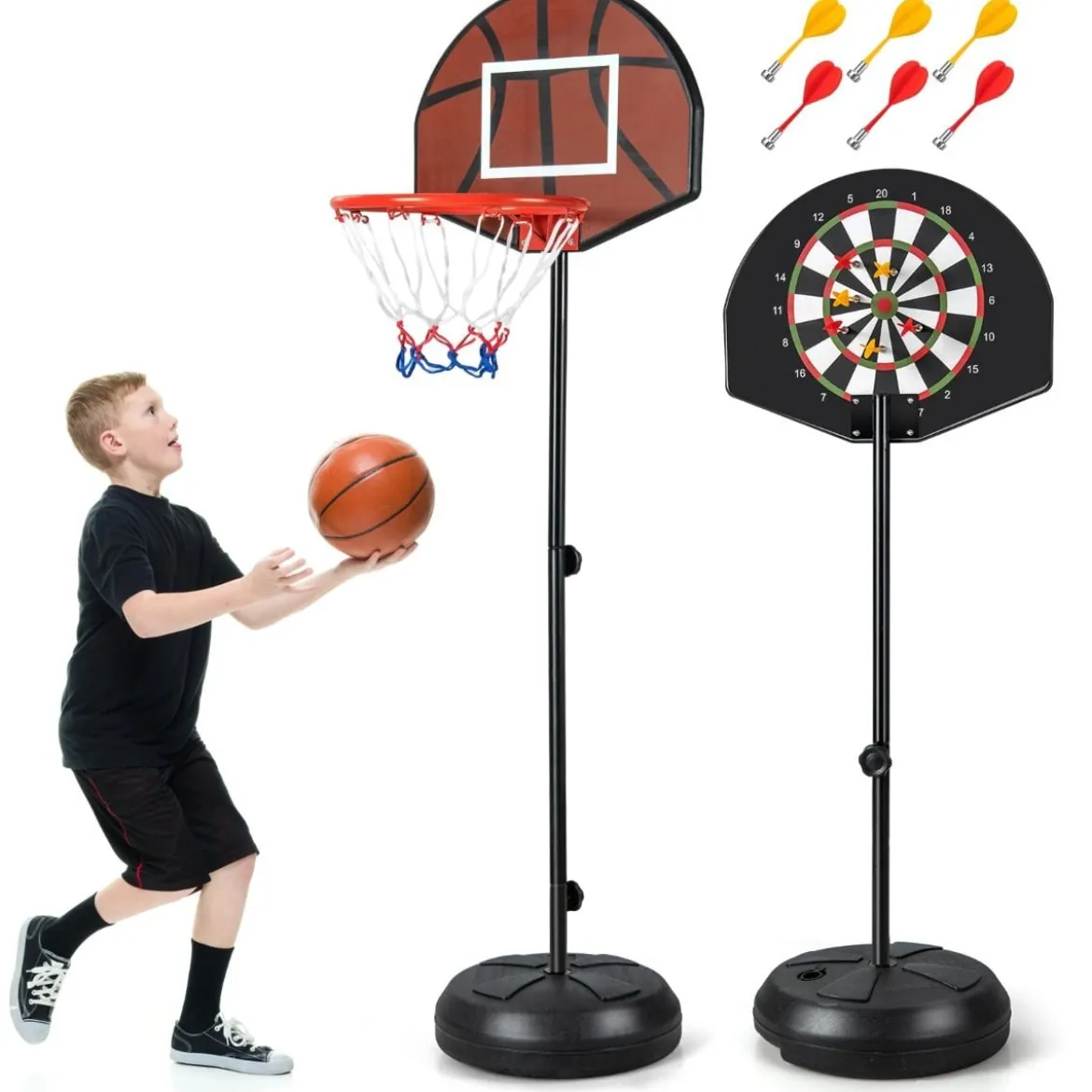 Kinder Basketballkorb mit Dartboard & 6 Darts Basketballständer Schwarz