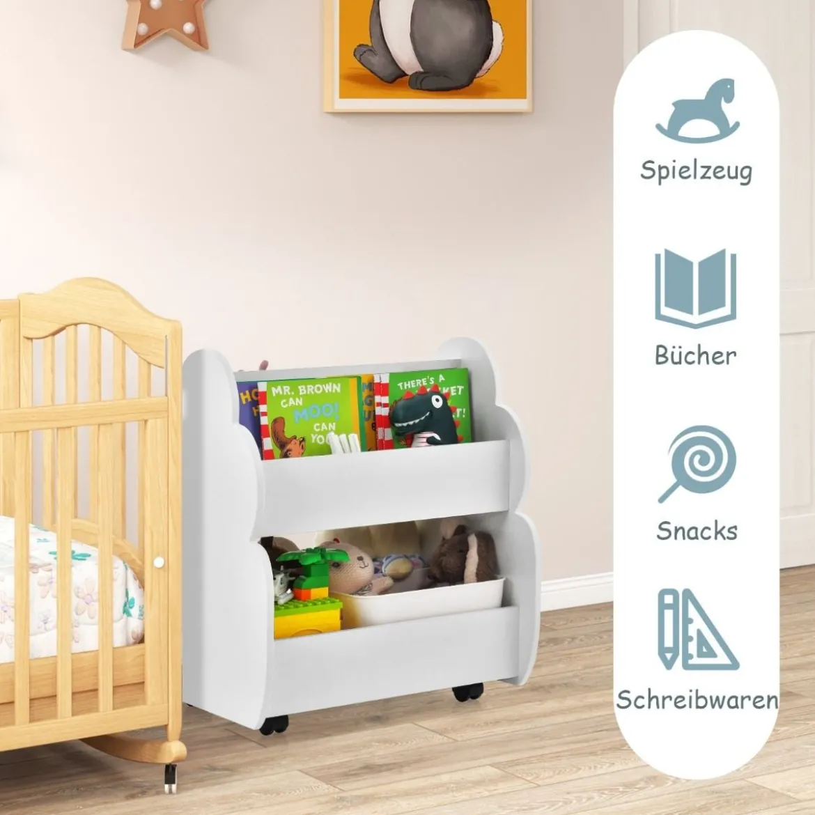 Kinder-Bücherregal auf Rollen Kinderregal mit Geräumigem Stauraum 52 x 47 x 63 cm Weiß