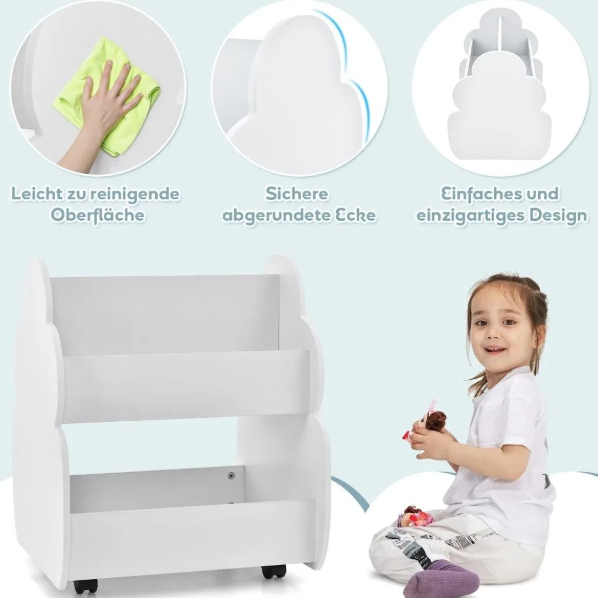Kinder-Bücherregal auf Rollen Kinderregal mit Geräumigem Stauraum 52 x 47 x 63 cm Weiß