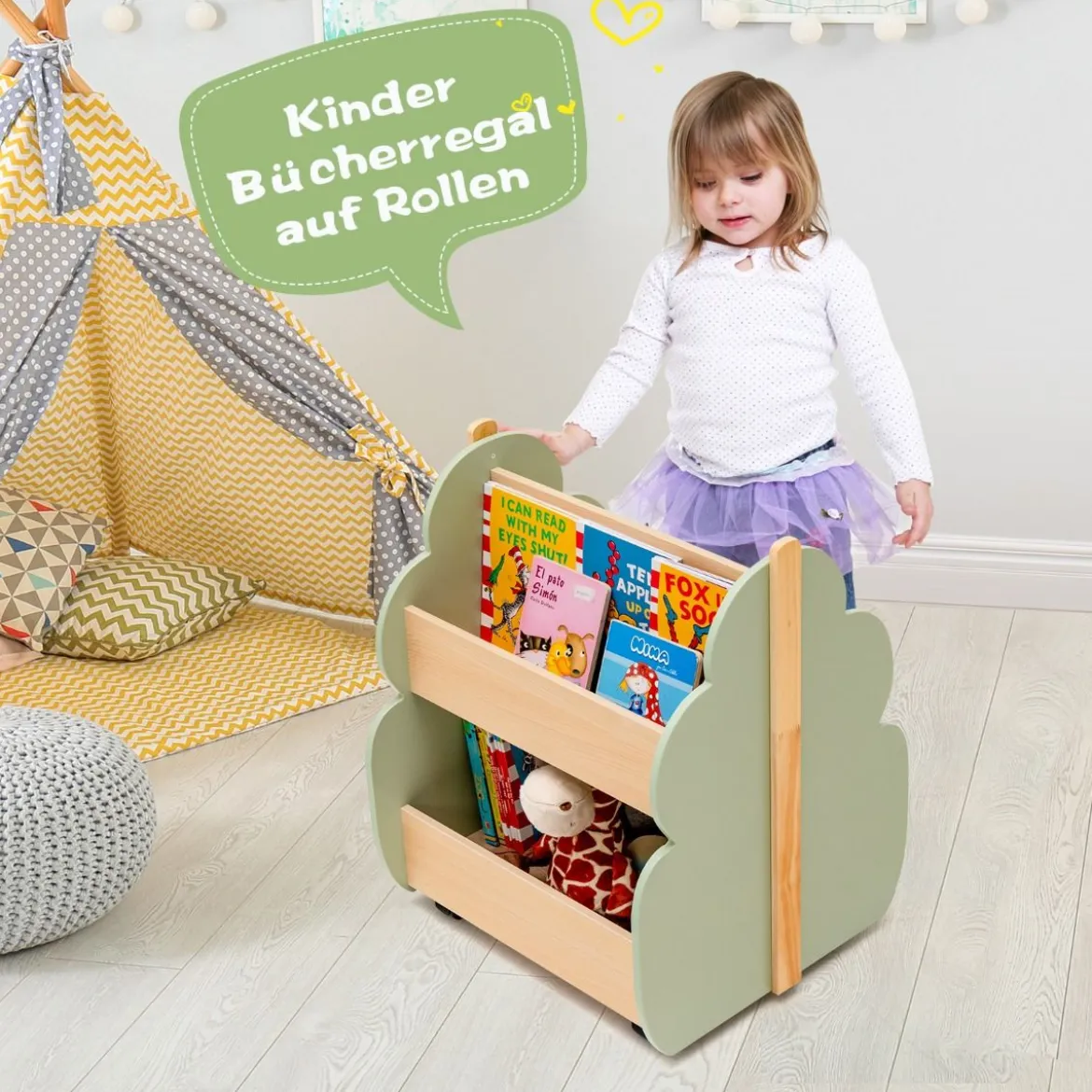 Kinder Bücherregal aus Holz mit Universalrädern 2 Ebenen Spielzeugregal auf Rollen