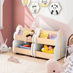 Kinder Bücherregal aus Holz mit Universalrädern 2 Ebenen Spielzeugregal auf Rollen