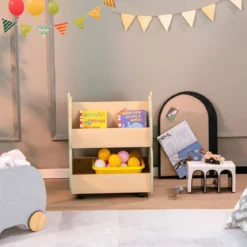 Kinder Bücherregal aus Holz mit Universalrädern 2 Ebenen Spielzeugregal auf Rollen