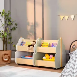 Kinder Bücherregal aus Holz mit Universalrädern 2 Ebenen Spielzeugregal auf Rollen