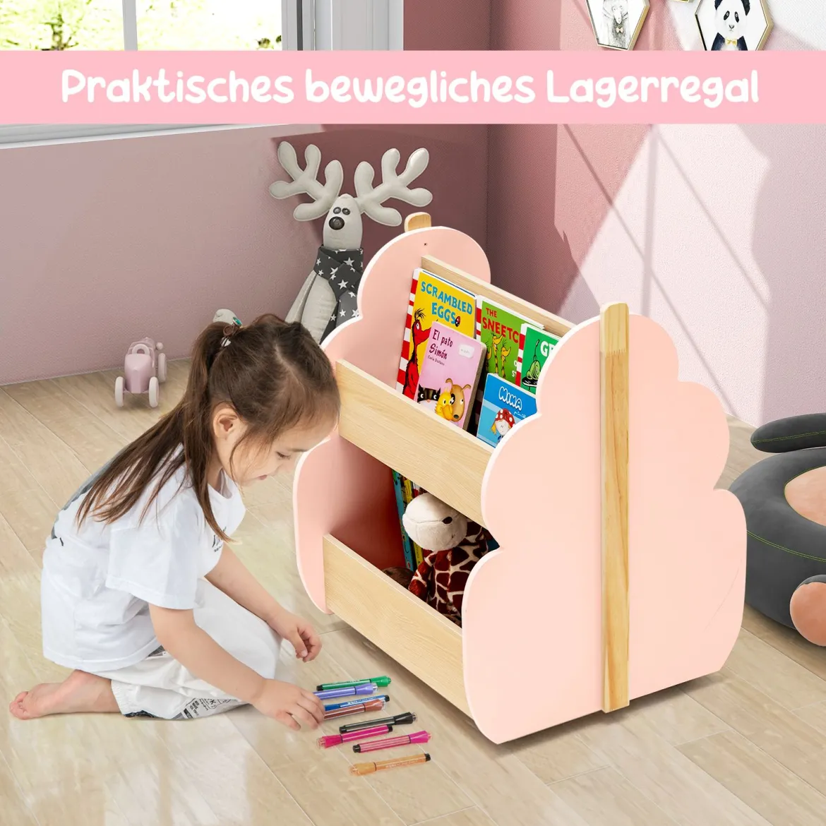 Kinder Bücherregal aus Holz mit Universalrädern 2 Ebenen Spielzeugregal auf Rollen