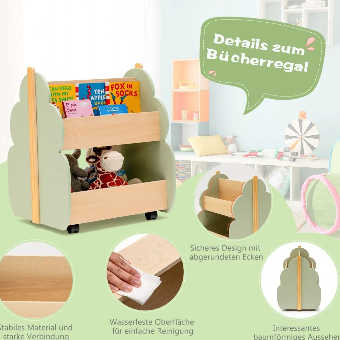 Kinder Bücherregal aus Holz mit Universalrädern 2 Ebenen Spielzeugregal auf Rollen