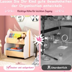 Kinder Bücherregal aus Holz mit Universalrädern 2 Ebenen Spielzeugregal auf Rollen