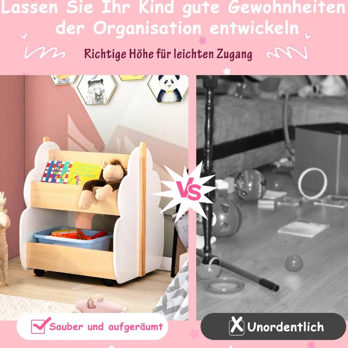 Kinder Bücherregal aus Holz mit Universalrädern 2 Ebenen Spielzeugregal auf Rollen