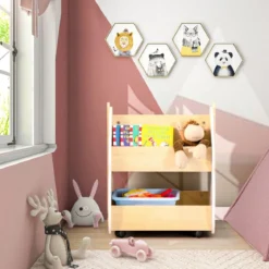 Kinder Bücherregal aus Holz mit Universalrädern 2 Ebenen Spielzeugregal auf Rollen
