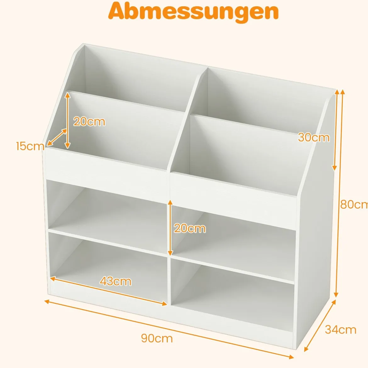Kinder Bücherregal 80 cm Hohes Kinderregal mit 4 Regalen und 4 Offenen Fächern Natur/Weiß