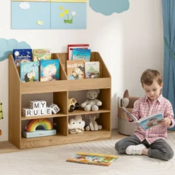 Kinder Bücherregal 80 cm Hohes Kinderregal mit 4 Regalen und 4 Offenen Fächern Natur/Weiß