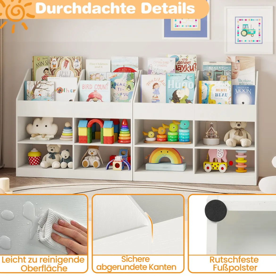 Kinder Bücherregal 80 cm Hohes Kinderregal mit 4 Regalen und 4 Offenen Fächern Natur/Weiß